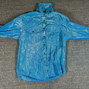 Vintage Wrangler Shirt Womens 15-15 1/2 90s Metallic Blue Button Up Shoulder Pad